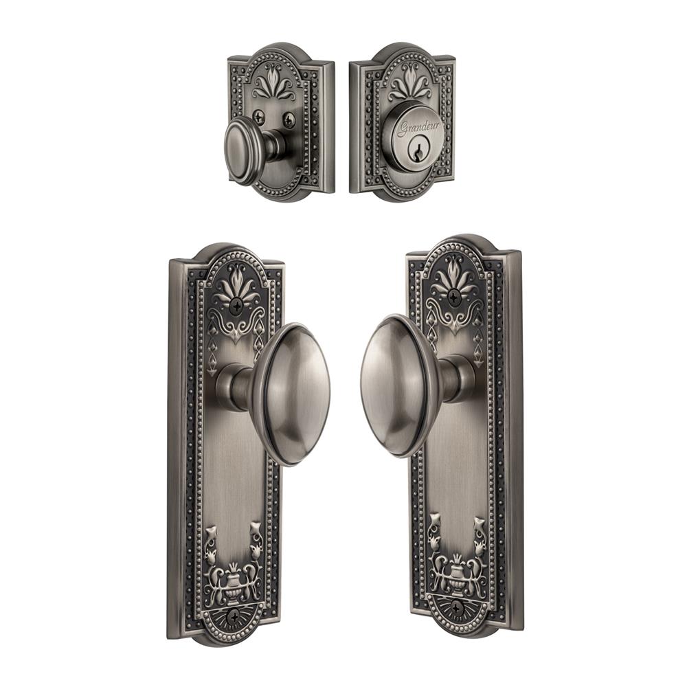 Grandeur by Nostalgic Warehouse Single Cylinder Combo Pack Keyed Differently - Parthenon Plate with Eden Prairie Knob and Matching Deadbolt in Antique Pewter